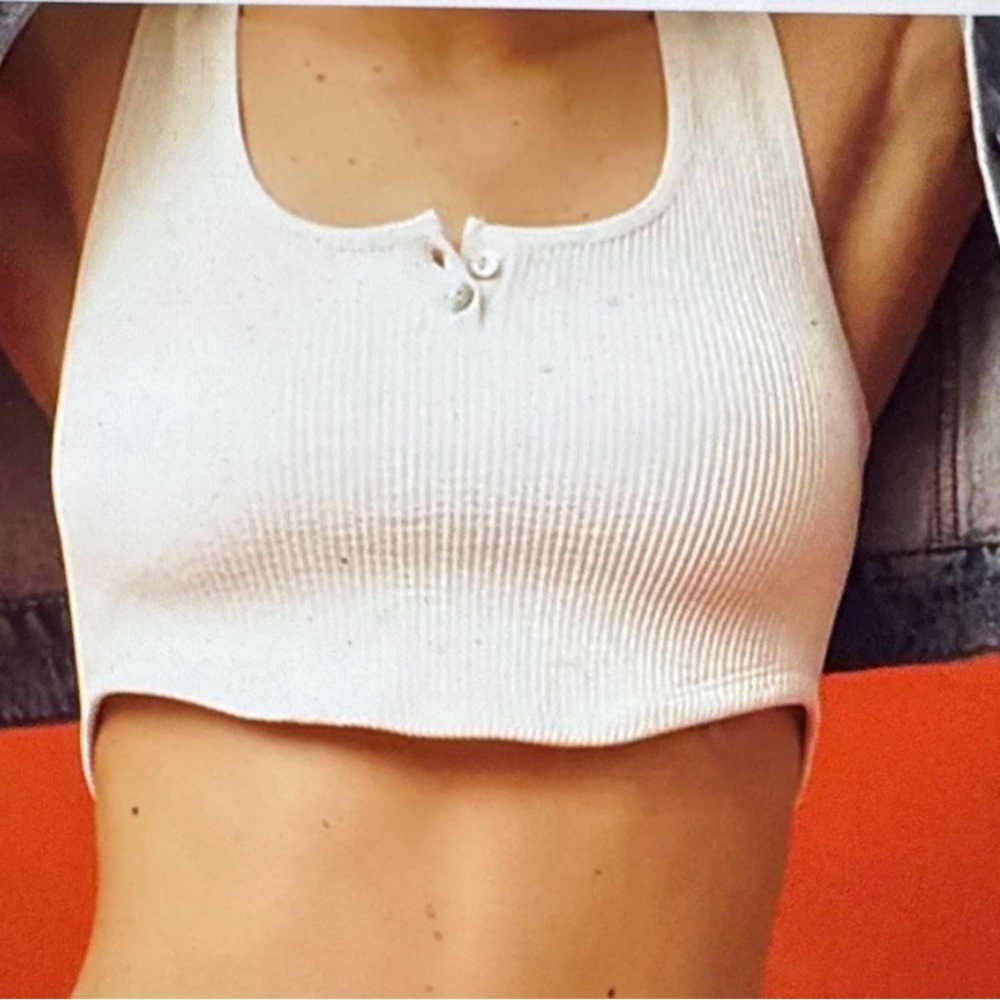 Anthropologie White Ribbed Crop Tank with Button Placket